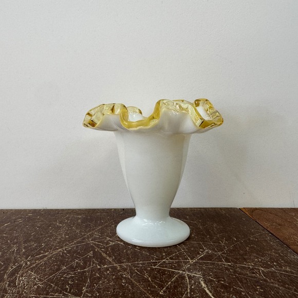 Fenton Yellow Crest Art Glass Vase Ruffled Top Pedestal Base Milk Glass - Picture 4 of 7